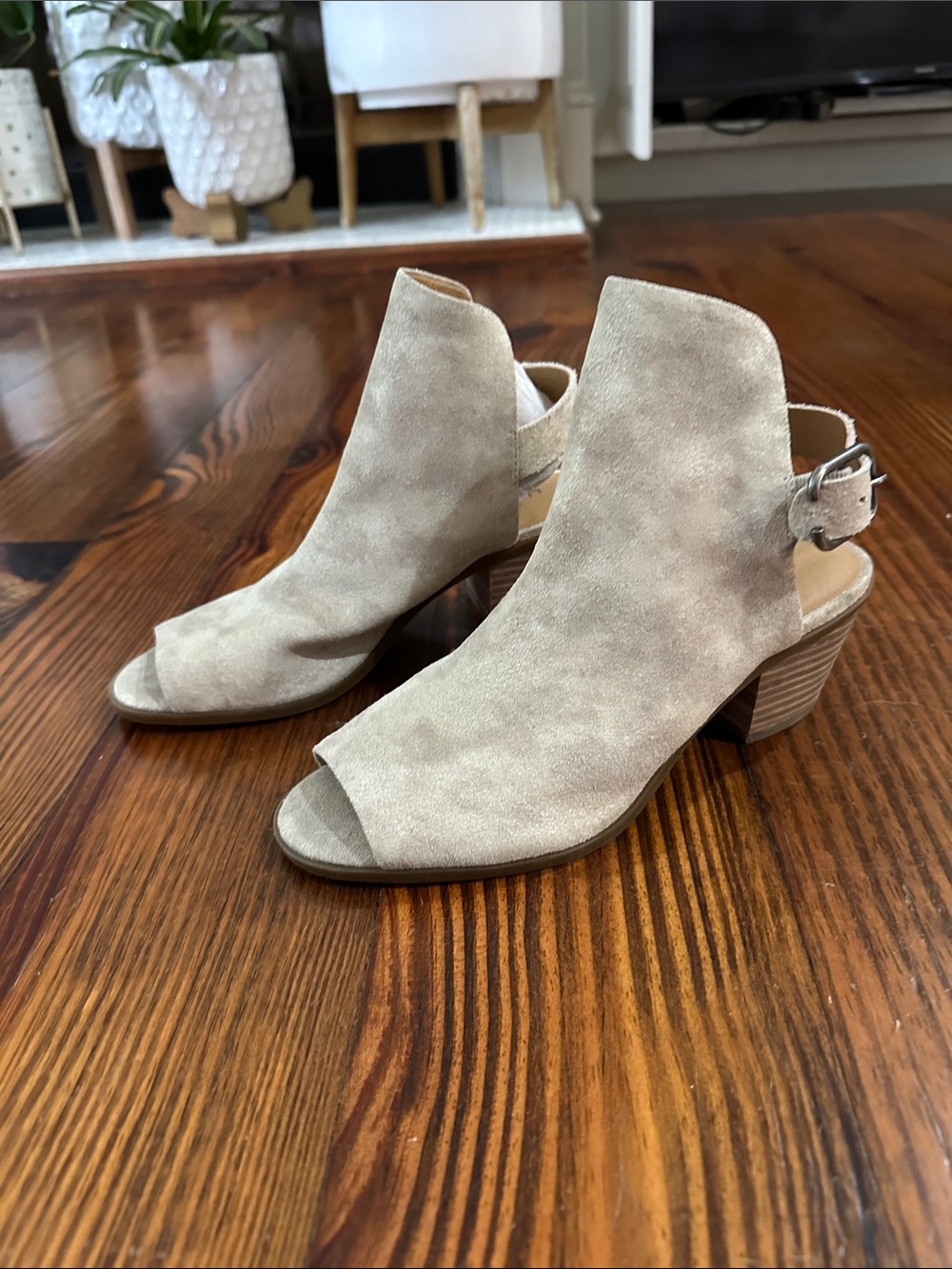 Lucky Brand Taupe Suede Open-Toe Slingback Mules